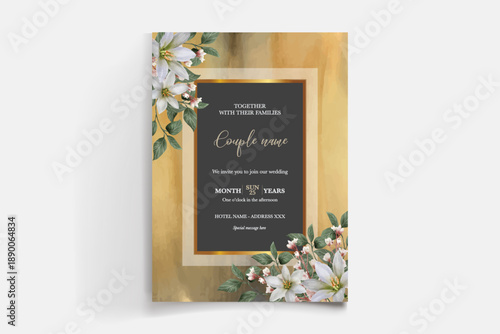 WEDDING INVITATION FRAME WITH FLOWER DECORATIONS AND FRESH LEAVES