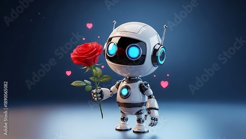 Adorable robot offering a vibrant red rose with hearts floating around.