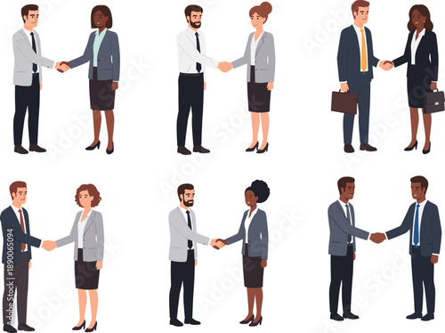 Business Handshake Vector Illustration Set Showing Diverse Professional Men and Women Agreeing Deals for Corporate Partnerships, Teamwork, and Workplace Success Concepts
