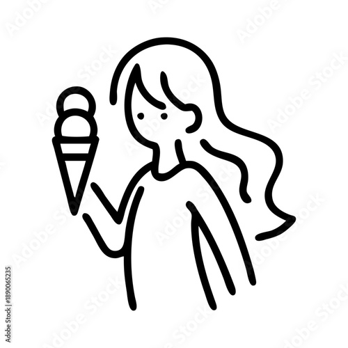 Dibujo sencillo de una niña comiendo un cucurucho de helado con líneas	