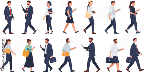 People Walking with Smartphones Vector Illustration Set Featuring Business and Casual Characters in Side View for Urban Life, Communication, and Modern Lifestyle Designs