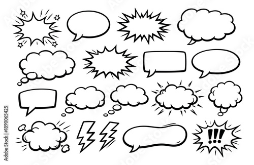 Hand drawn comic style speech bubble set featuring various blank thought clouds, explosion bursts, and lightning bolt symbols for communication and design projects