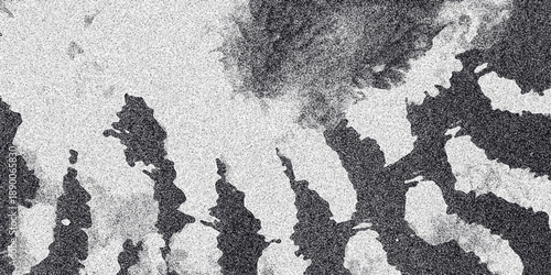 Monochrome abstract background with speckled texture featuring organic dark gray shapes against a lighter speckled gray backdrop in a dynamic composition Keywords: abstract, monochrome, background