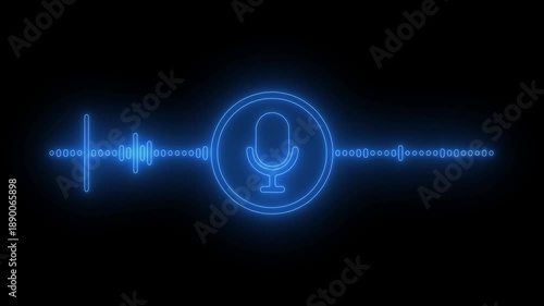 Cyan neon microphone icon and sound wave equalizer glowing on a dark background, voice recording and Podcast Icon animation. neon microphone button animation, 4k video