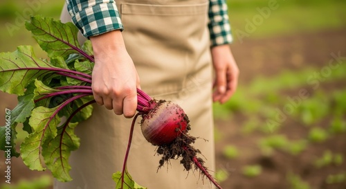 Farmer holding a freshly harvested ripe beetroot in a vibrant garden setting