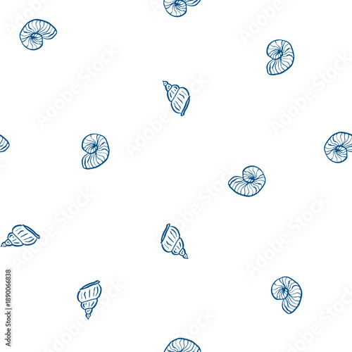 Hand drawn whimsical vector pattern with ink shells undersea illustrations on white background