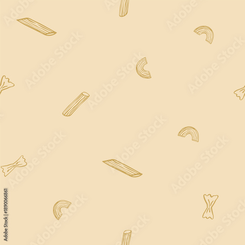 Whimsical hand drawn vector pattern witth illustration of italian pasta on beige background