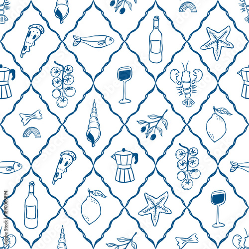 Whimsical vector mediterranean pattern with hand drawn food illustration and rhombus in blue color on white background