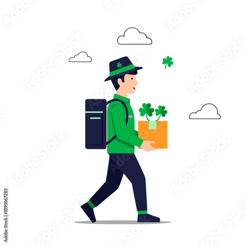 illustration of courier on St. Patrick's Day delivering a package with shamrocks