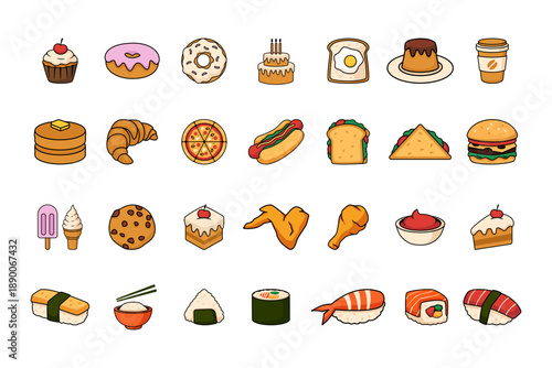 Cute Food Icon Set Collection with Dessert, Fast Food Concept, Vector illustration