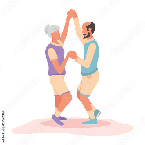 An illustration of an elderly couple enjoying the moment against a white background, demonstrating their joy and energy through a playful dance. Concept for a healthy and active lifestyle.