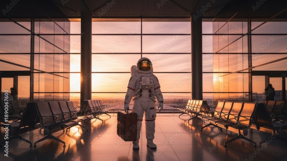 Fototapeta premium Astronaut's Journey at Airport: An astronaut, suitcase in hand, stands confidently at the airport.