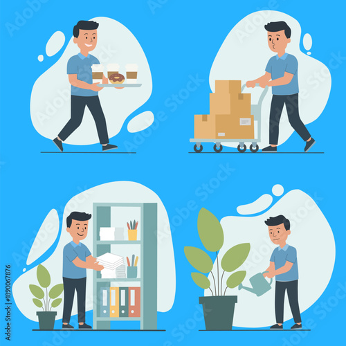 Flat vector character set of an office boy performing various daily tasks: serving coffee, moving delivery boxes with hand truck, organizing files, and watering office plants