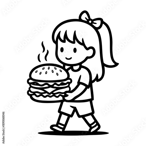 Dibujo sencillo con líneas de niña andando con una hamburguesa con queso en la mano	
