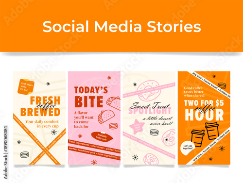 Three colorful coffee story templates for social media posts. Each story features special offers, such as freshly brewed coffee and sweets. The design is designed to attract customers to the cafe.