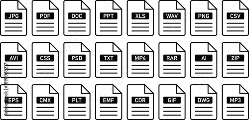 File Type Icons Grid – Document Format Extension Vector Set