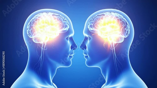 Wallpaper Mural Two transparent blue human heads in profile facing each other with glowing, illuminated brains Torontodigital.ca