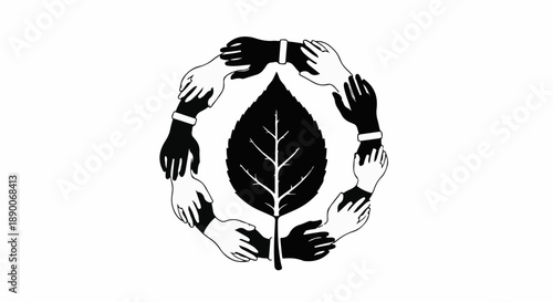 Diverse hands unite to protect a vibrant green leaf, symbolizing unity and environmental care.