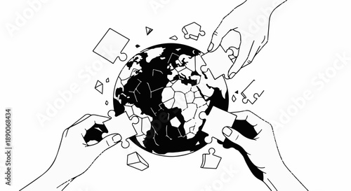 Hands collaborate to assemble a world puzzle, symbolizing global unity and interconnectedness.