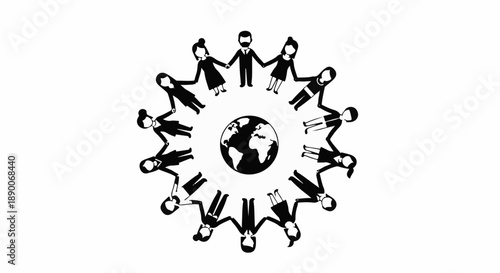 Diverse group of people holding hands in a circle around the globe, symbolizing unity and global connection.