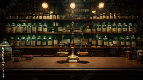 Antique brass scales in vintage apothecary with glass jars