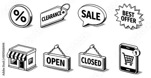 Hand drawn isometric line art shopping icon set featuring sale, discount, and retail symbols for e-commerce and business promotions