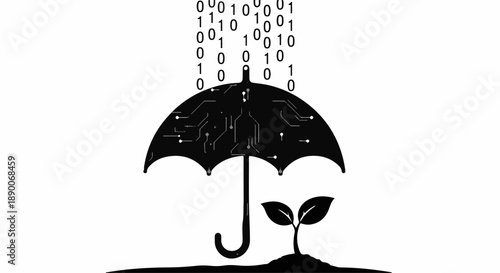 Digital data protection shields a growing plant, symbolizing cybersecurity for new ventures and innovation.