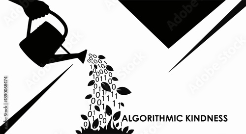 Watering can nurturing digital growth of plants and binary code