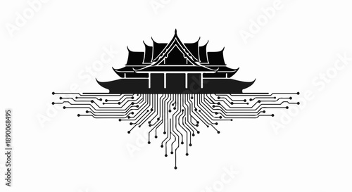 Traditional temple architecture merges with futuristic digital circuits, symbolizing cultural heritage and technological advancement.