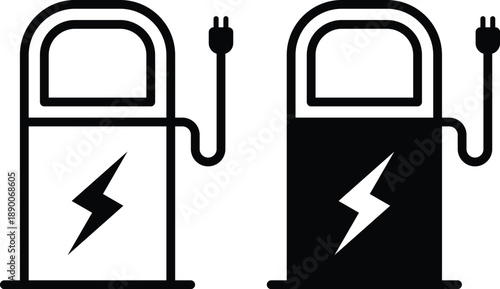 EV Charging Station Icons – Plug, Bolt, Black and White Vector Set