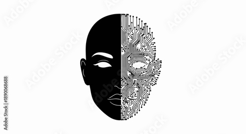 Futuristic split face merging human and digital elements representing AI and technology
