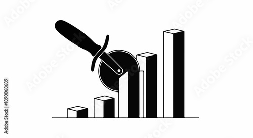 Pizza cutter slicing through rising business graph bars, symbolizing growth and profit.