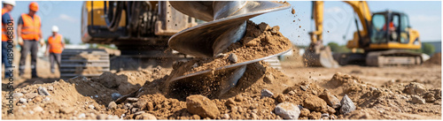 Drilling machine with large auger bit excavating dirt and rocks from ground. Extraction of underground material for geotechnical analysis and foundation assessment. Soil sampling during pile drilling.