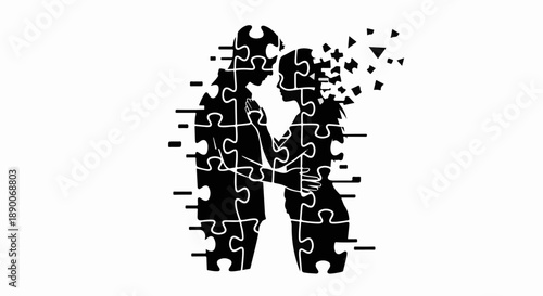 Couple dissolving into puzzle pieces, representing separation and loss of connection.