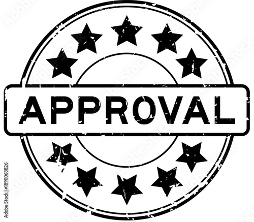 Grunge black approval word with star icon round rubber seal stamp on white background