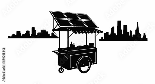 Street food cart powered by solar panels with a city skyline backdrop