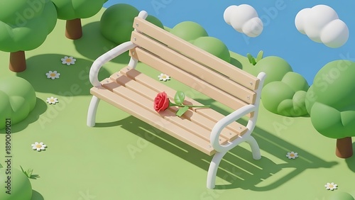 Single rose resting on an empty park bench in a serene, sunny landscape.