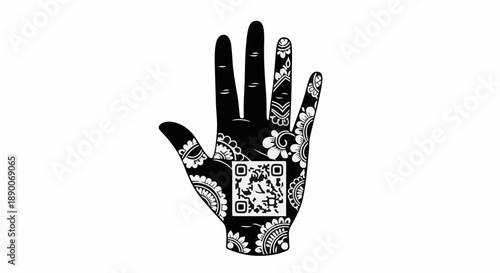 Intricate henna art on a hand with a QR code integrated into the design, symbolizing modern tradition.