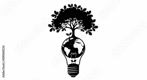 Creative lightbulb with globe and tree symbolizes sustainable energy and new ideas.