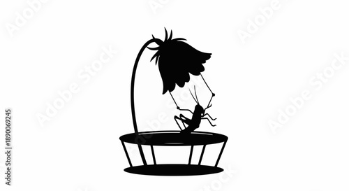 Playful grasshopper jumps on a trampoline under a flower