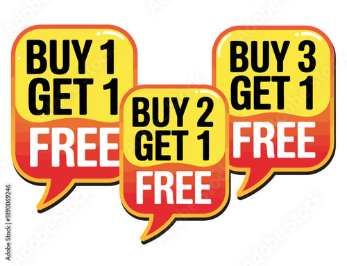 Sale signs featuring buy one get one free, buy two get one free, buy three get one free offers promotional banners retail marketing discount advertisement design illustration