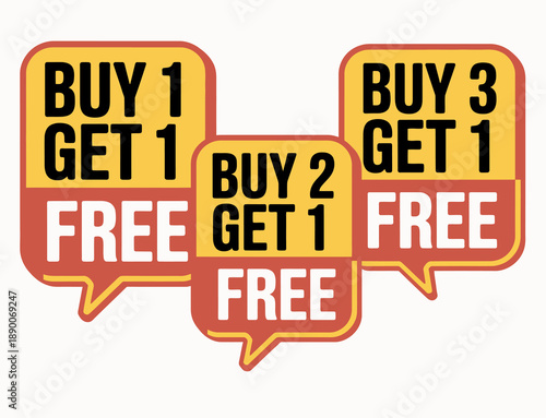 Sale signs featuring buy one get one free, buy two get one free, buy three get one free offers promotional banners retail marketing discount advertisement design illustration