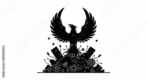 Mythical phoenix rises from technological debris, symbolizing rebirth and innovation.