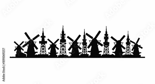 Silhouette of historic windmills and modern towers against a stark background.