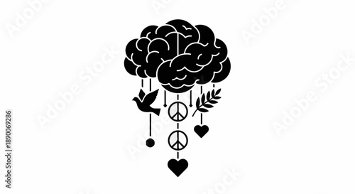 Thoughtful brain with symbols of peace, love, and hope cascading down.