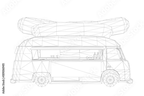 A wireframe hotdog truck with a hotdog on top sits isolated on a clean white background.