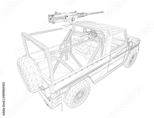 A 3D wireframe model of a military armored vehicle features a mounted machine gun on its turret, rendered with realistic detail for tactical visualization.