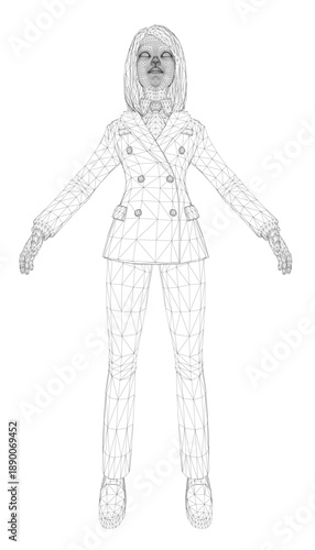 A confident female executive in a tailored suit and tie stands with arms outstretched against a clean white background. Her stylized pose conveys success and leadership.