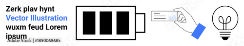 Innovation, energy efficiency, creative ideas, charging, sustainability, modern technology. Battery icon, hand holding a card and light bulb symbols. Innovation and energy concepts