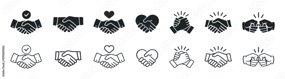 Fototapeta premium Handshake icon set, business agreement and partnership symbols, outline and solid vector illustration collection on transparent background